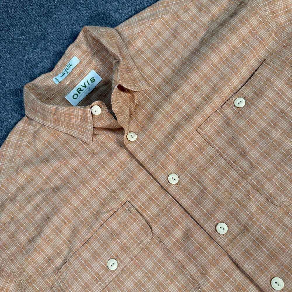 Orvis Mens XL Orange Plaid Short Sleeve Button Down Cotton Shirt #4362